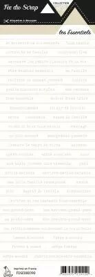 �tiquette Les essentiels bandes de mots fond blanc �criture beige clair