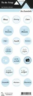 �tiquette les essentiels ronds avec mots bleu pale
