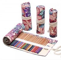 Trousse pour 24 crayons de couleurs - tissu fleurs rose, violet, turquoise