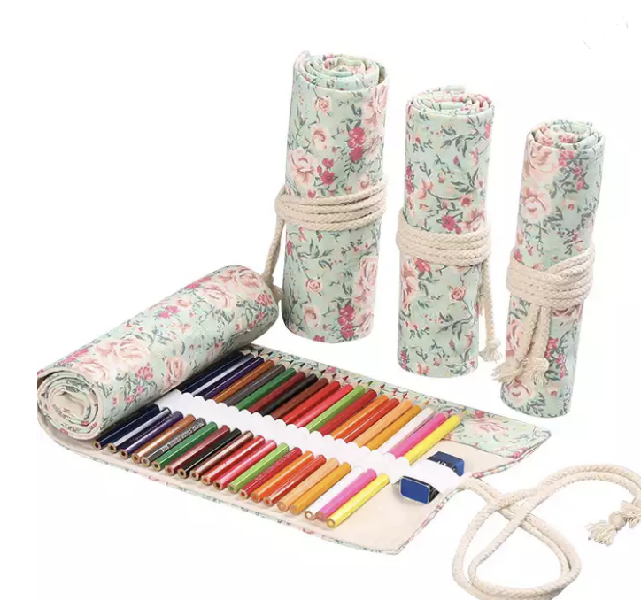 Trousse pour 36 crayons de couleurs - tissu menthe fleurs
